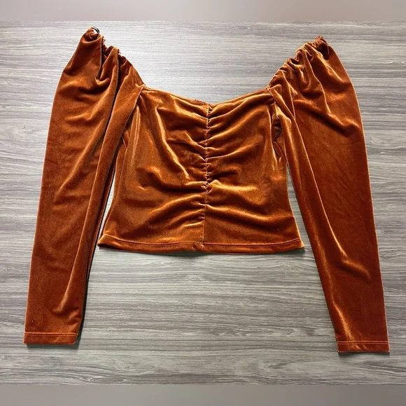 ASTR Vanya Rust Orange Velvet Ruched Long Sleeve Top Size Small NWT - Picture 5 of 6